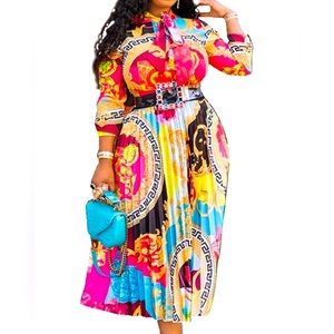 Classic women tie neck plaited dress